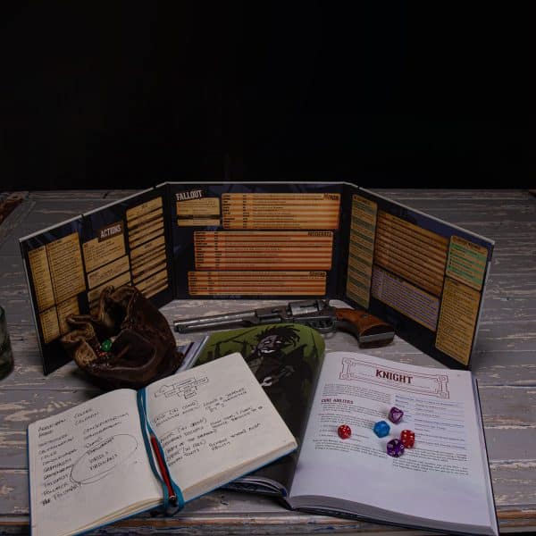 Spire book, notepad, dice with pouch, gun and GM screen on a white wooden table ready to play © SHAW STUDIO