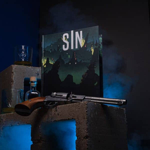 Sin - a Spire Sourcebook on cinder blocks with a gun and alcohol with smoke and blue lighting © SHAW STUDIO