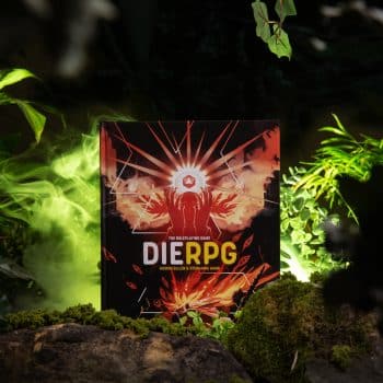 DIE RPG front cover on a mossy rock surrounded by foliage and green lighting © SHAW STUDIO