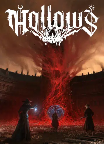 Hollows rpg cover, showing three figures entering a nasty looking portal inside the courtyard of a victorian manor
