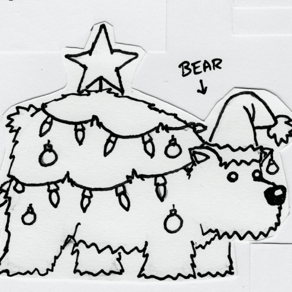 A large bear bedecked in Christmas lights, with a star balanced on its back. The bear is wearing a Santa hat.