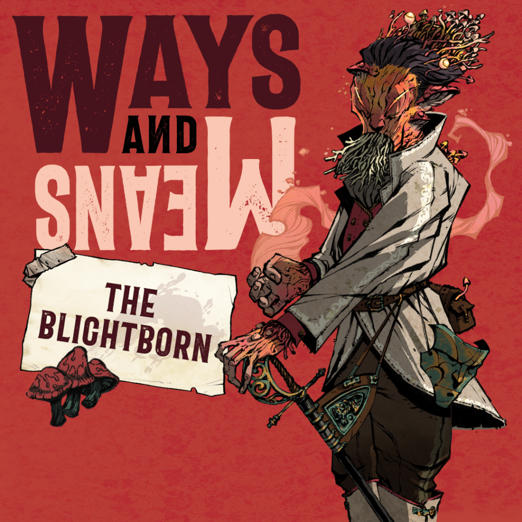 An image showing the Blightborn, with mushrooms emerging from their mouth and their hand on a sword hilt.