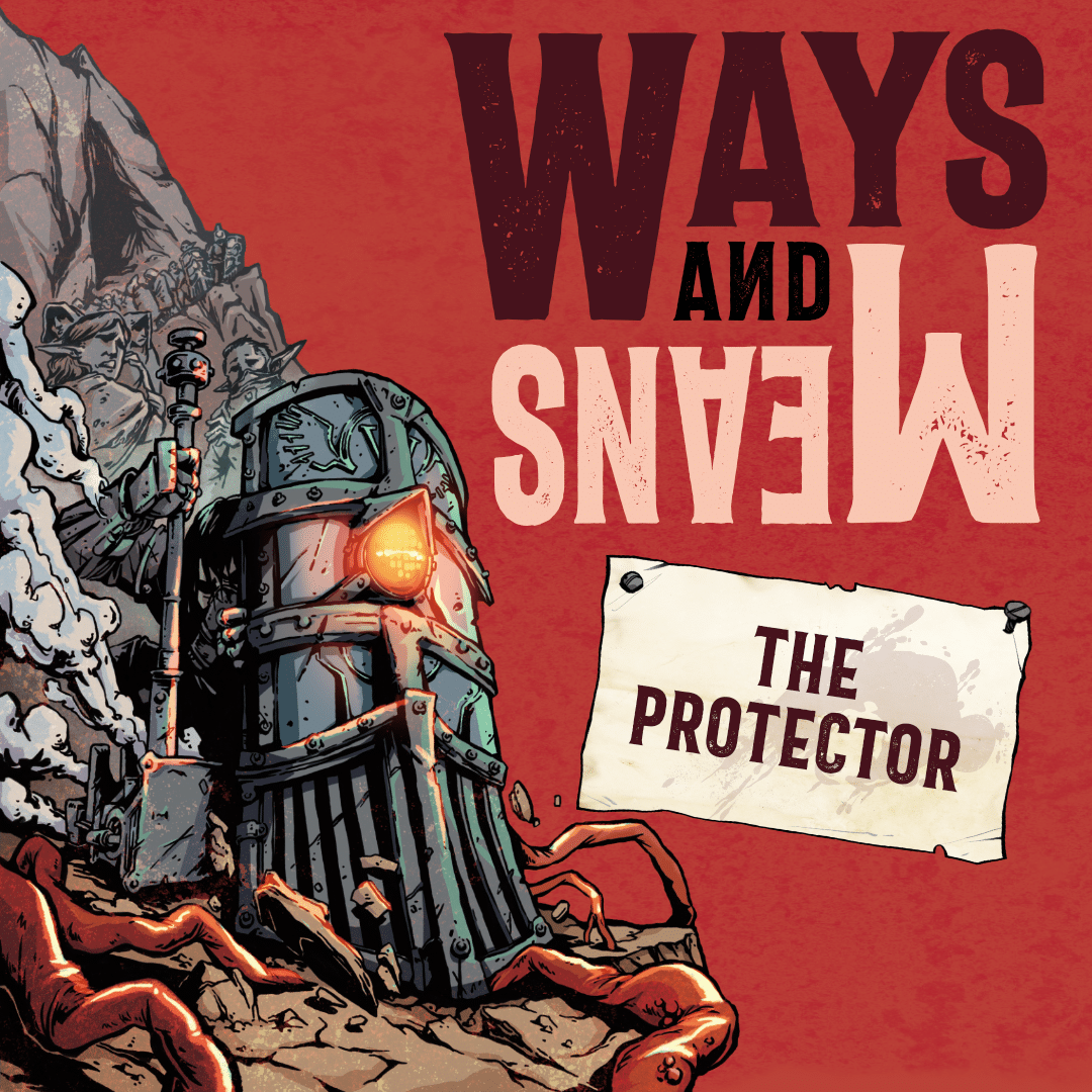 An illustration of an armoured character with a large, steaming hammer who is crouched behind a giant shield which looks like the front of a train. Behind the character, cower a group of scared looking people. The image gives the impression that the knight is protecting the people from something large and threatening off screen.