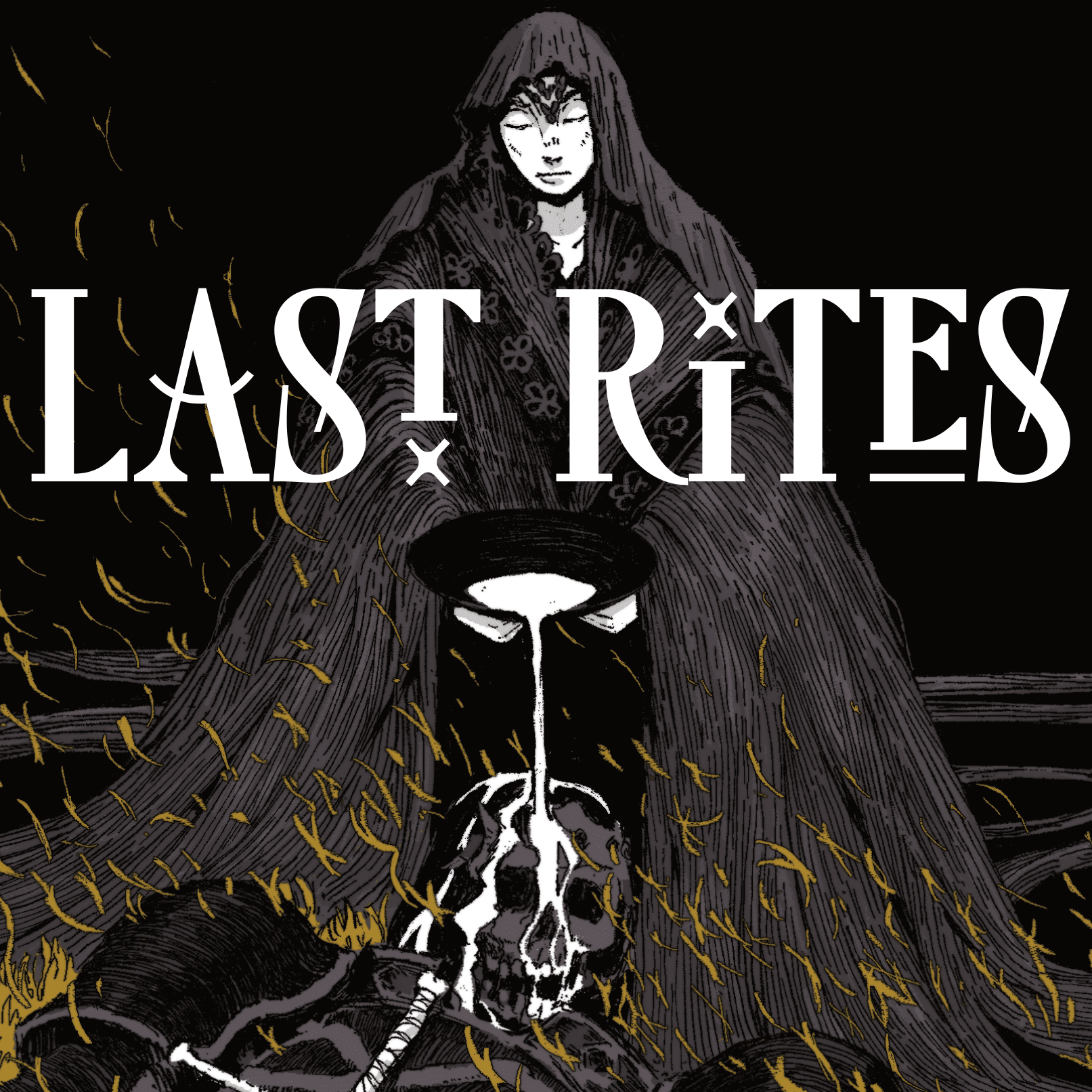 Last Rites thumbnail image showing a black-clad figure spilling liquid over a sword and skull