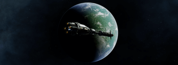 An ark ship over a green-blue planet