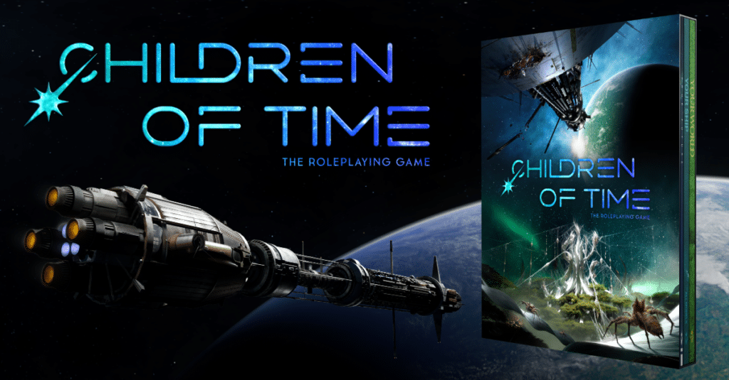 Children of Time: The Roleplaying Game - a mock-up showing three books in a slipcase, an ark ship and a planet