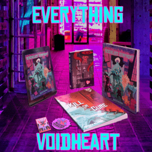 A thumbnail titled "EVERYTHING VOIDHEART" with pictures of the book, a PDF on an iPad, the notebook, quickstart and cloth patches